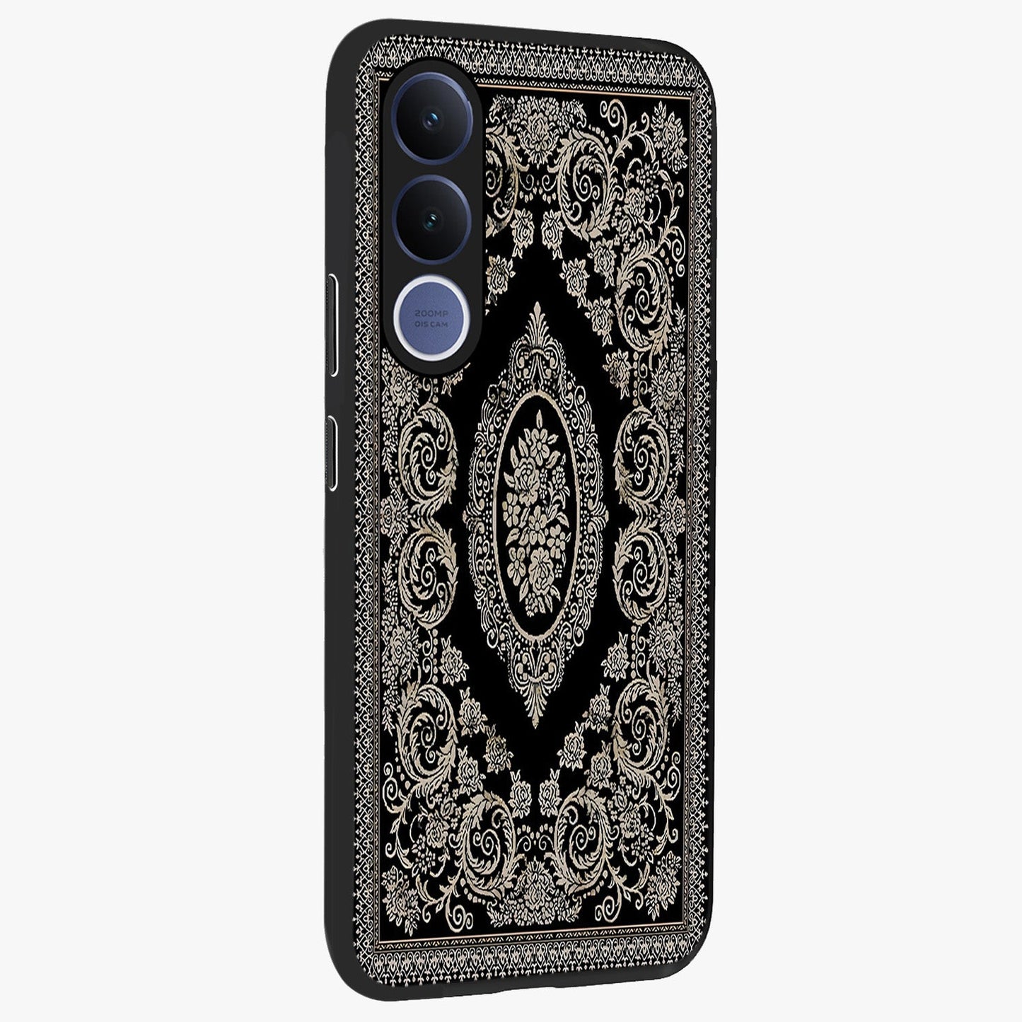 Noir Bloom Elegance Glass Case upright view showcasing graceful floral artwork with luxurious dark theme.
