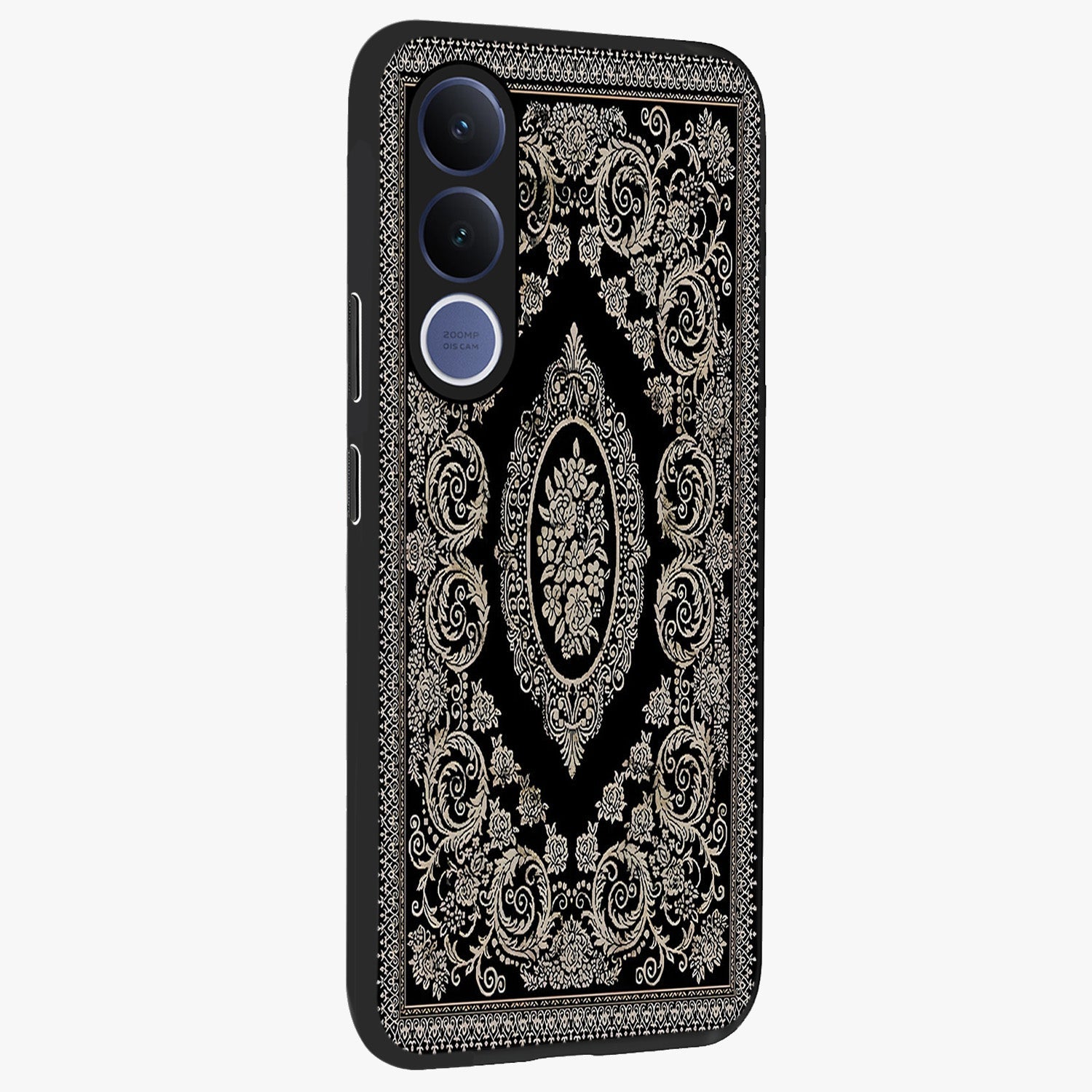 Noir Bloom Elegance Glass Case upright view showcasing graceful floral artwork with luxurious dark theme.