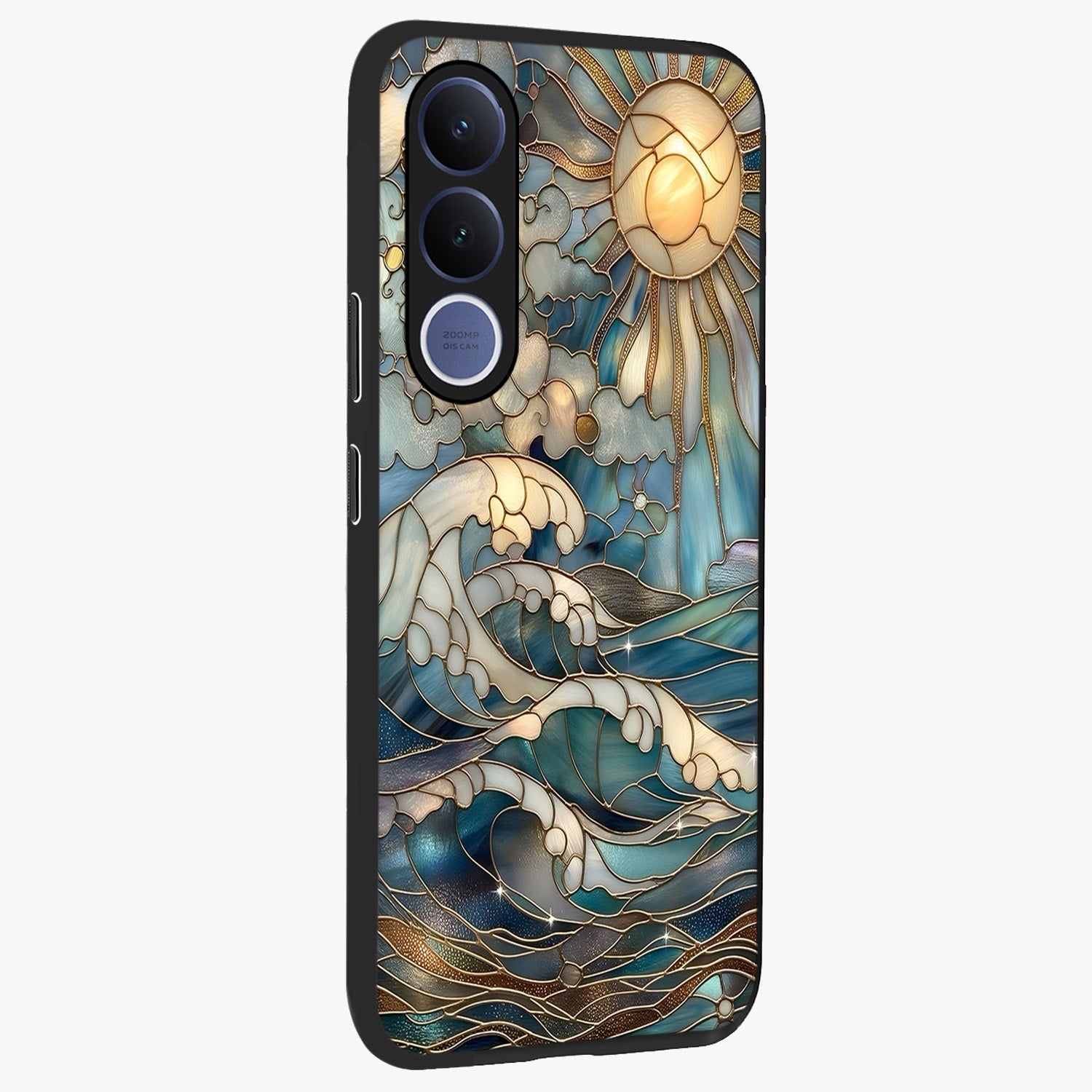 Oceanic Stained Printed Glass Case upright view showcasing decorative ocean pattern artwork with vibrant marine theme.