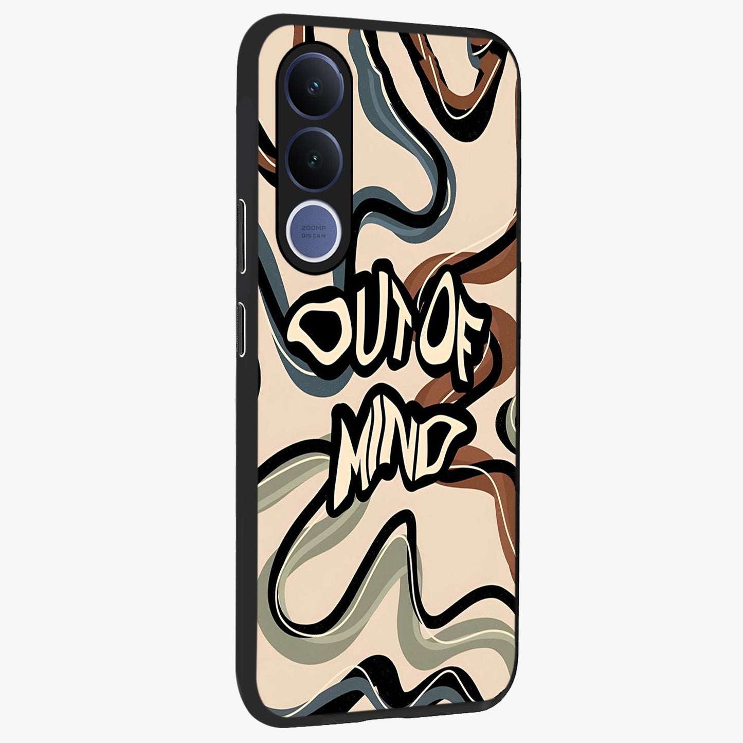 Out Of Mind Glass Case upright view showcasing striking typography artwork with edgy conceptual theme.