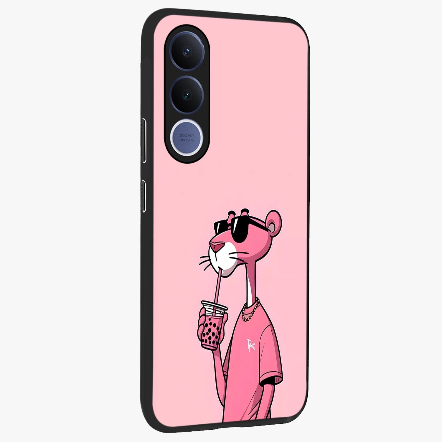 Pink Panther Glass Case upright view showcasing fun animated artwork with stylish retro cartoon theme.