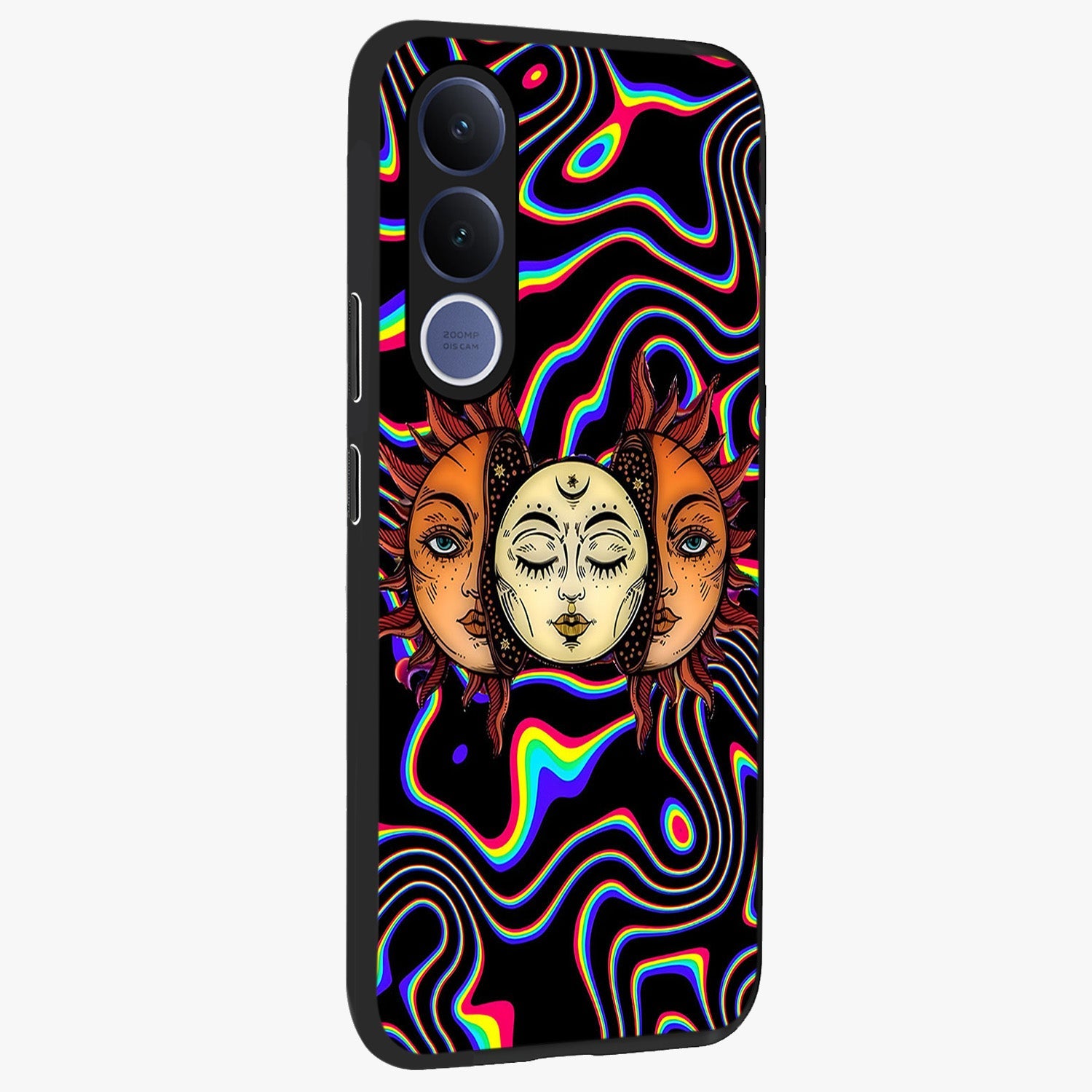 Psychedelic Sun Glass Case upright view showcasing trippy sun artwork with bold psychedelic theme.