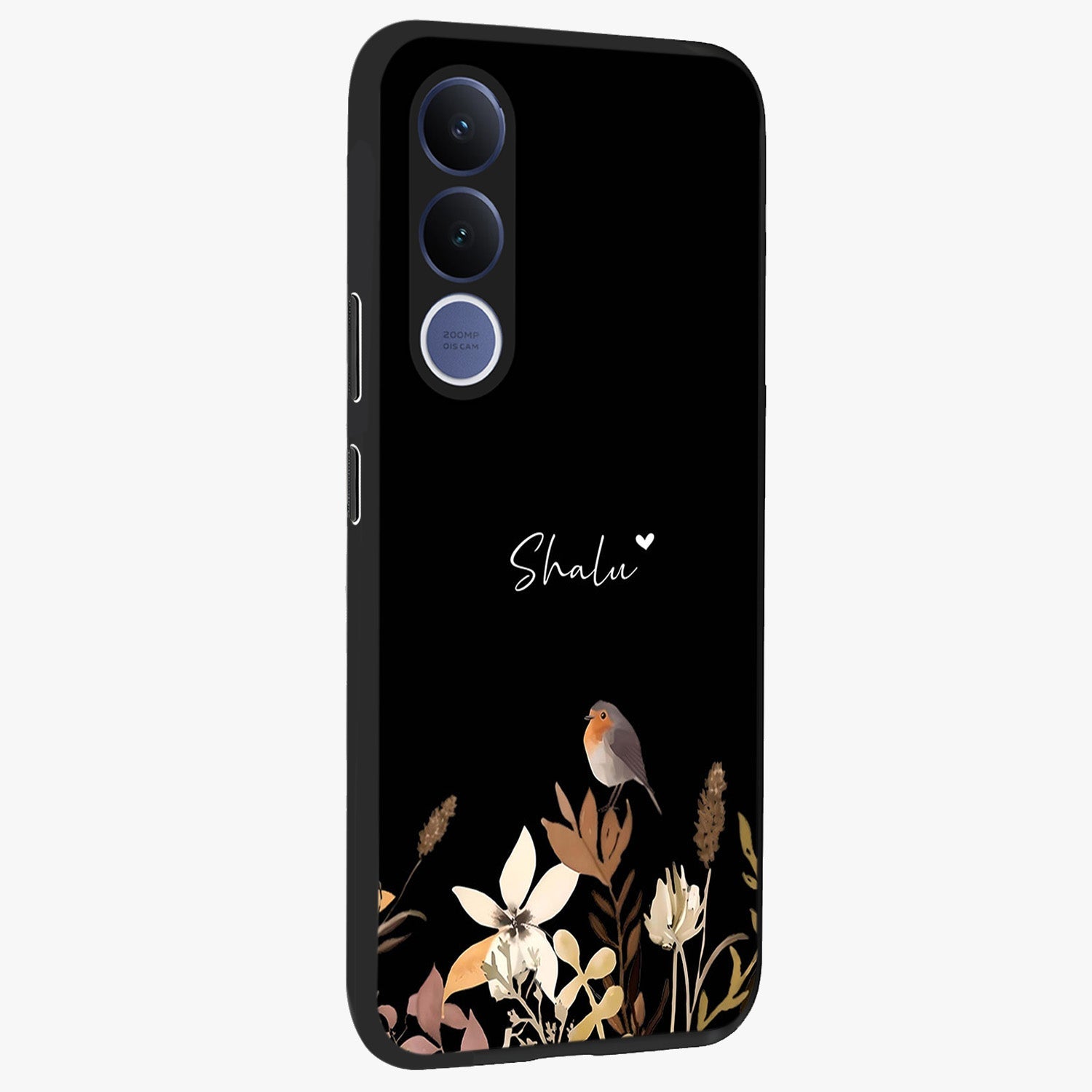 Quiet Garden Tune Custom Name Glass Case upright view showcasing serene botanical artwork with personalized aesthetic.