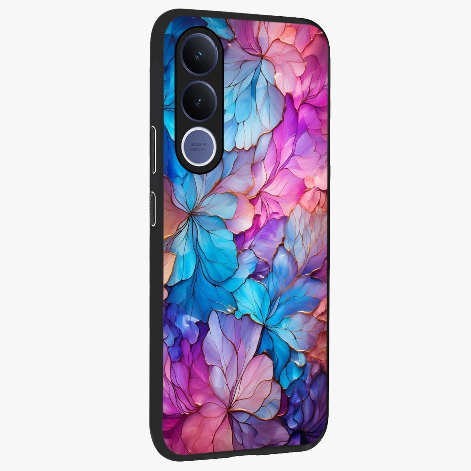 Radiant Floral Whirl Glass Case upright view showcasing lively floral artwork with decorative swirl theme.