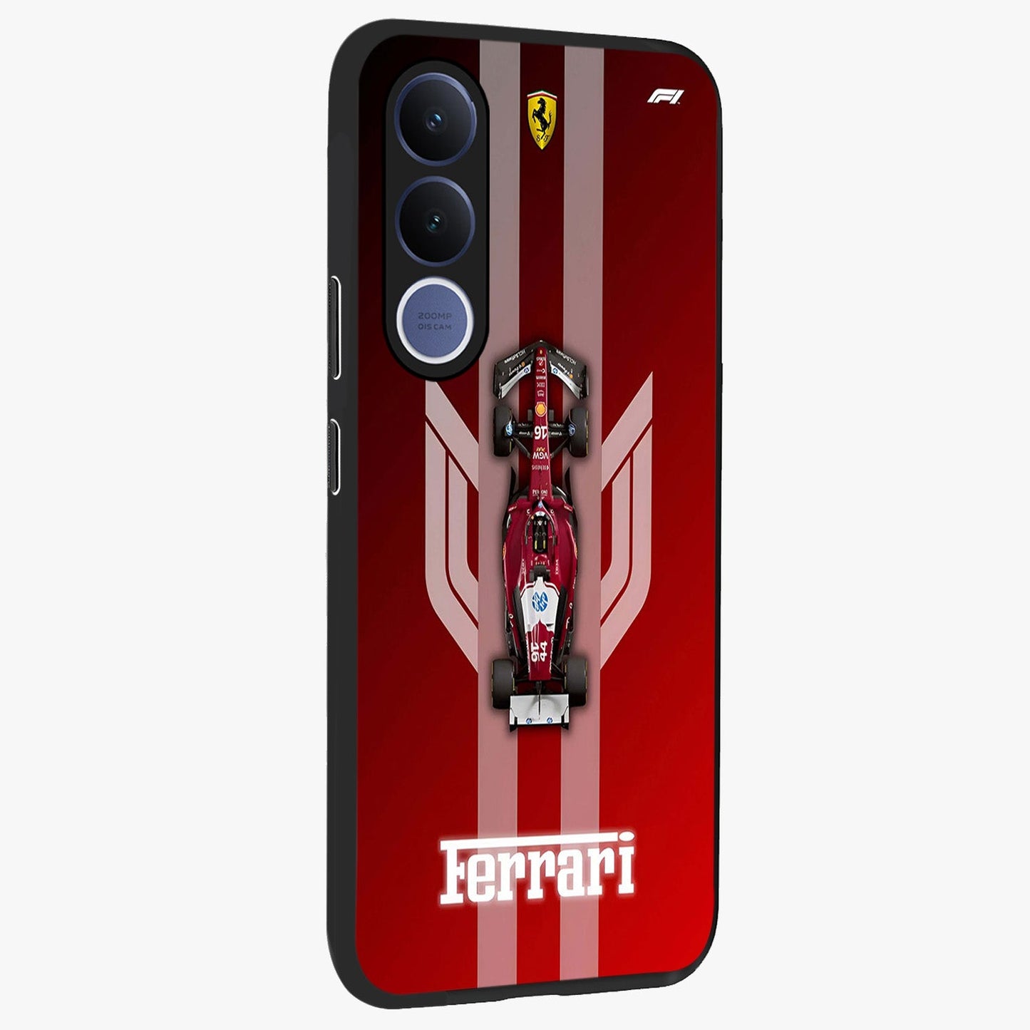 Red Ferrari F1 Vertical Glass Case upright view showcasing powerful Formula car artwork with dynamic motorsport theme.