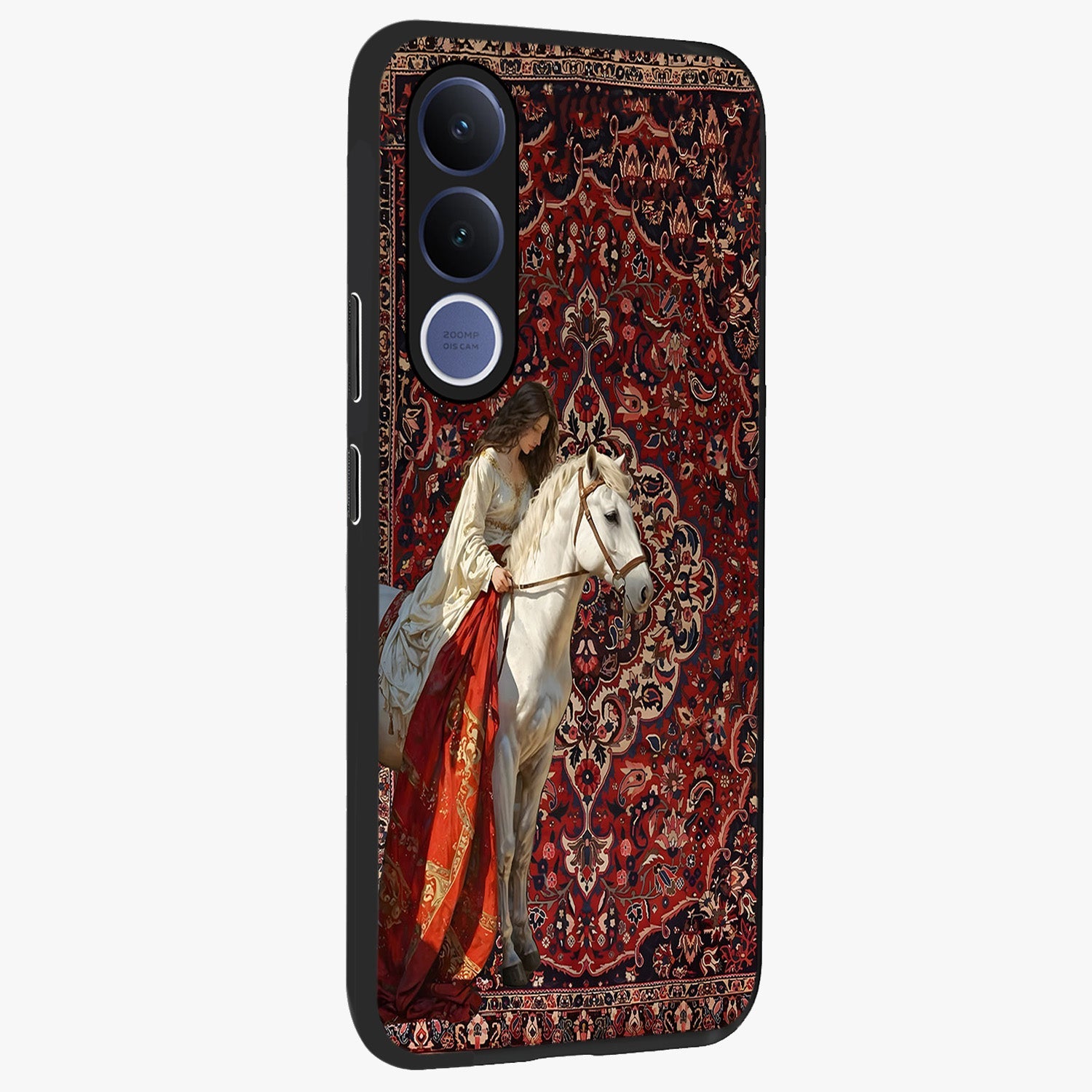 Royal Rider Tapestry Glass Case upright view showcasing detailed rider artwork with classic tapestry theme.