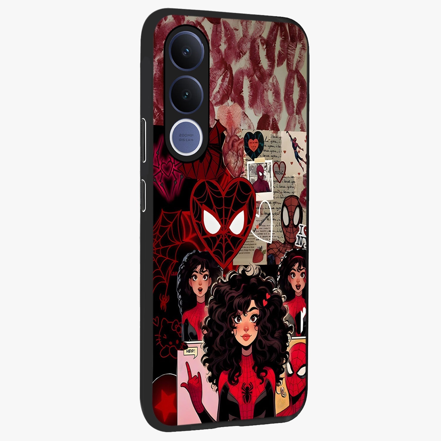 Spider Love Story Glass Case upright view showcasing charming superhero artwork with romantic comic theme.