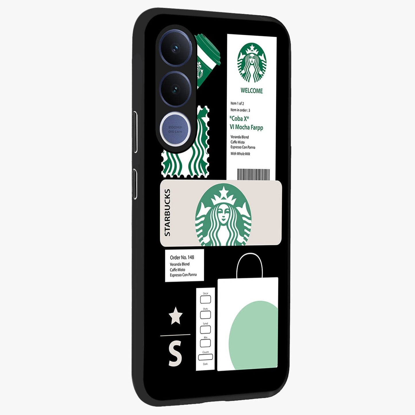 Starbucks Mocha Glass Case upright view showcasing trendy coffee inspired artwork with modern lifestyle theme.