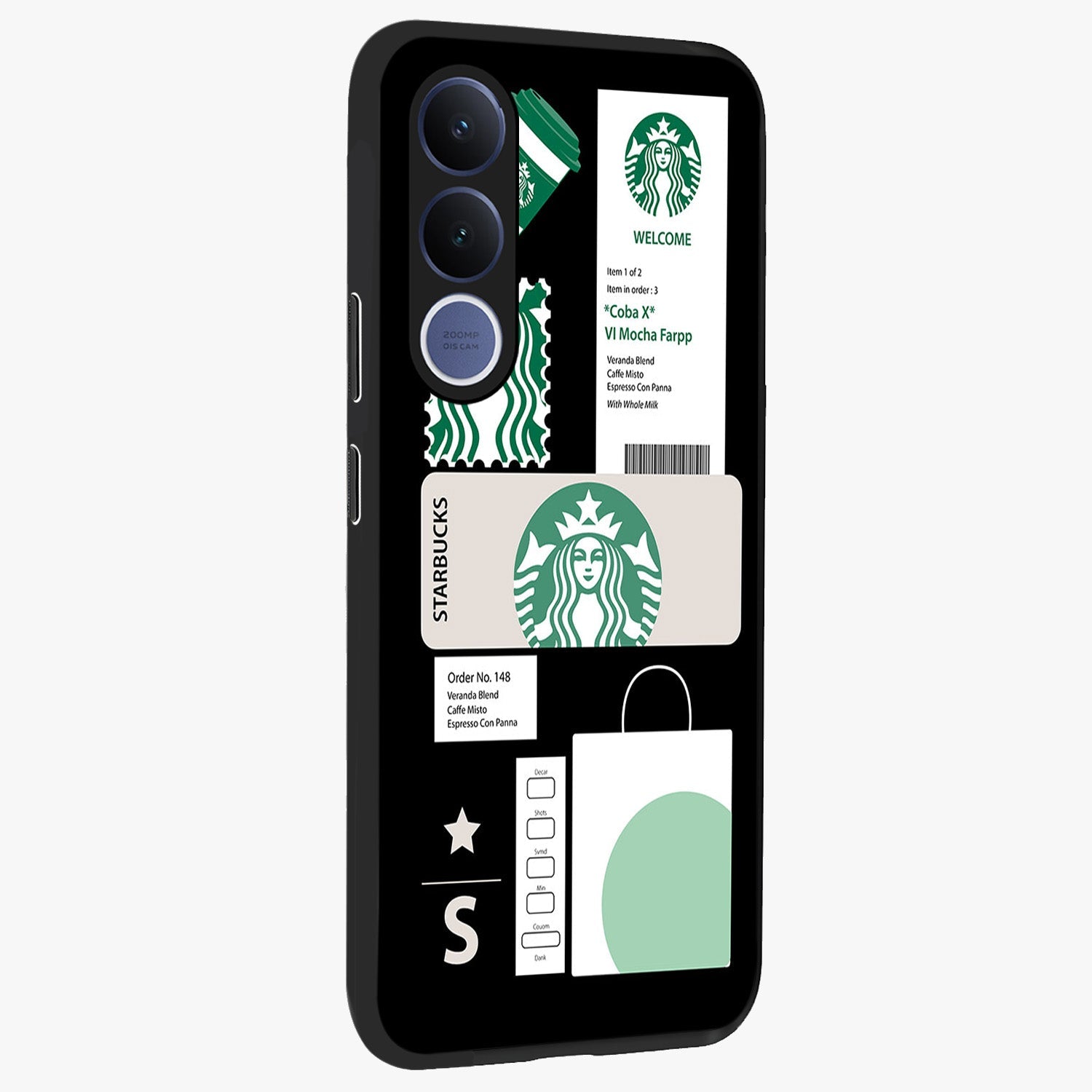 Starbucks Mocha Glass Case upright view showcasing trendy coffee inspired artwork with modern lifestyle theme.
