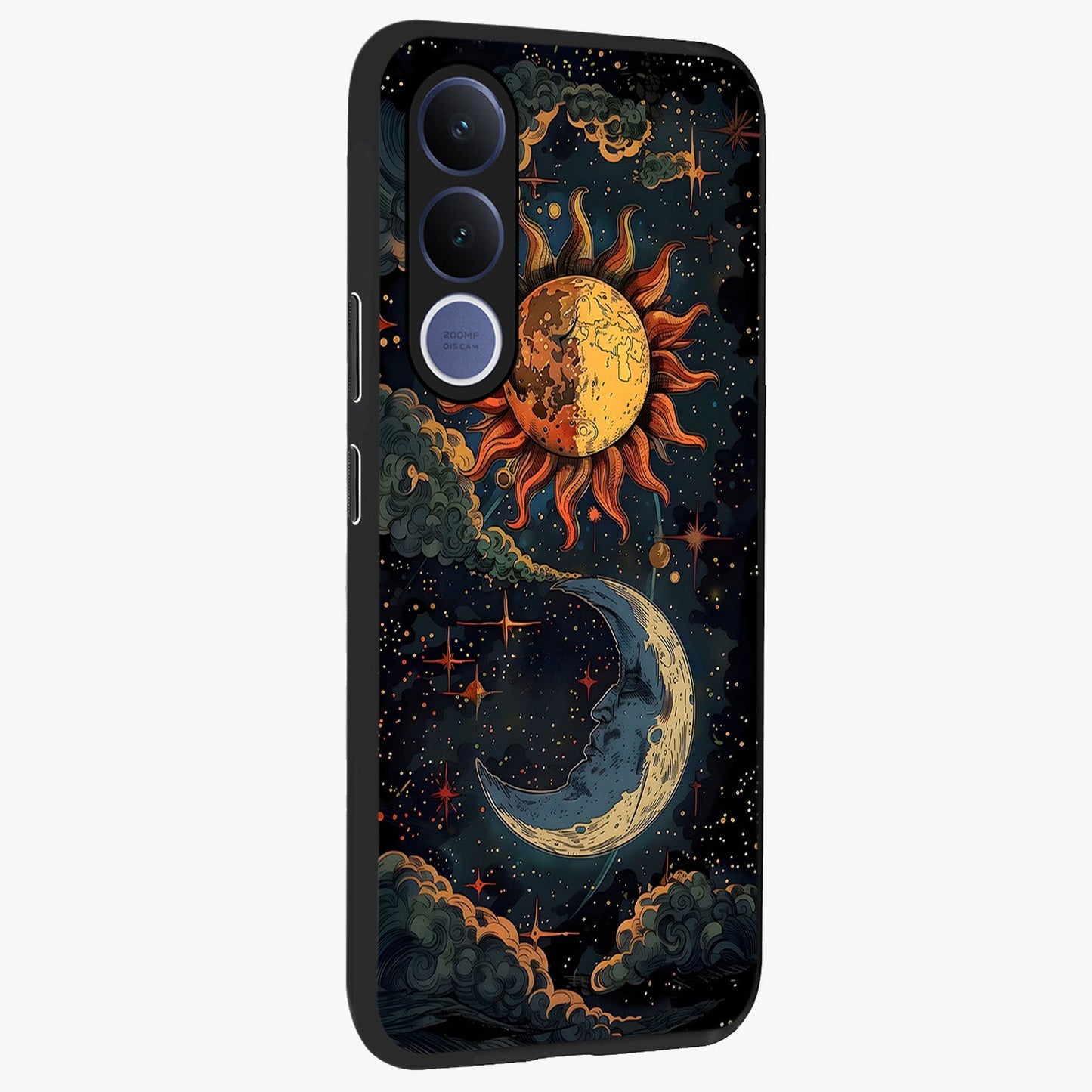 Sun And Moon Magic Design Glass Case upright view showcasing decorative sun and moon artwork with spiritual celestial theme.