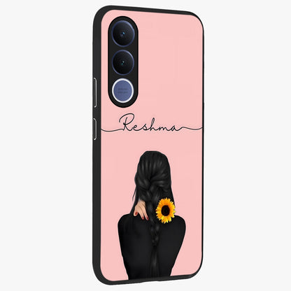 Sunflower Braid Beauty With Custom Name Glass Case upright view showcasing bright sunflower artwork with personalized floral aesthetic.