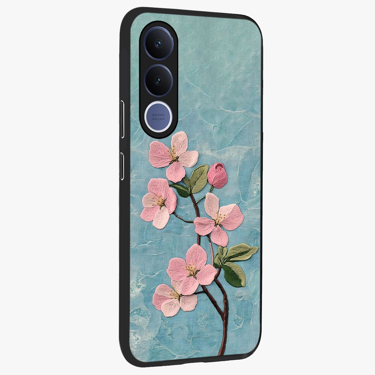 Threaded Blossom Breeze Glass Case upright view showcasing graceful flower artwork with calm botanical theme.