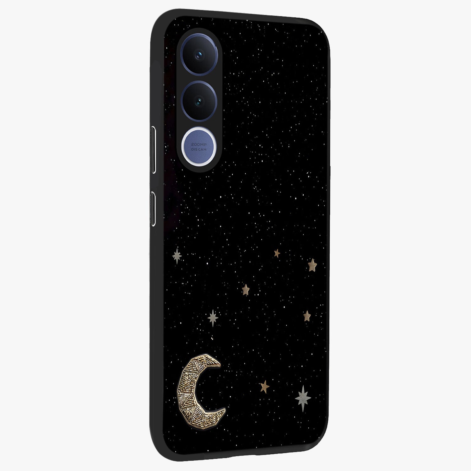 Twinkle Star With Half Moon Glass Case upright view showcasing glowing cosmic artwork with dreamy night theme.