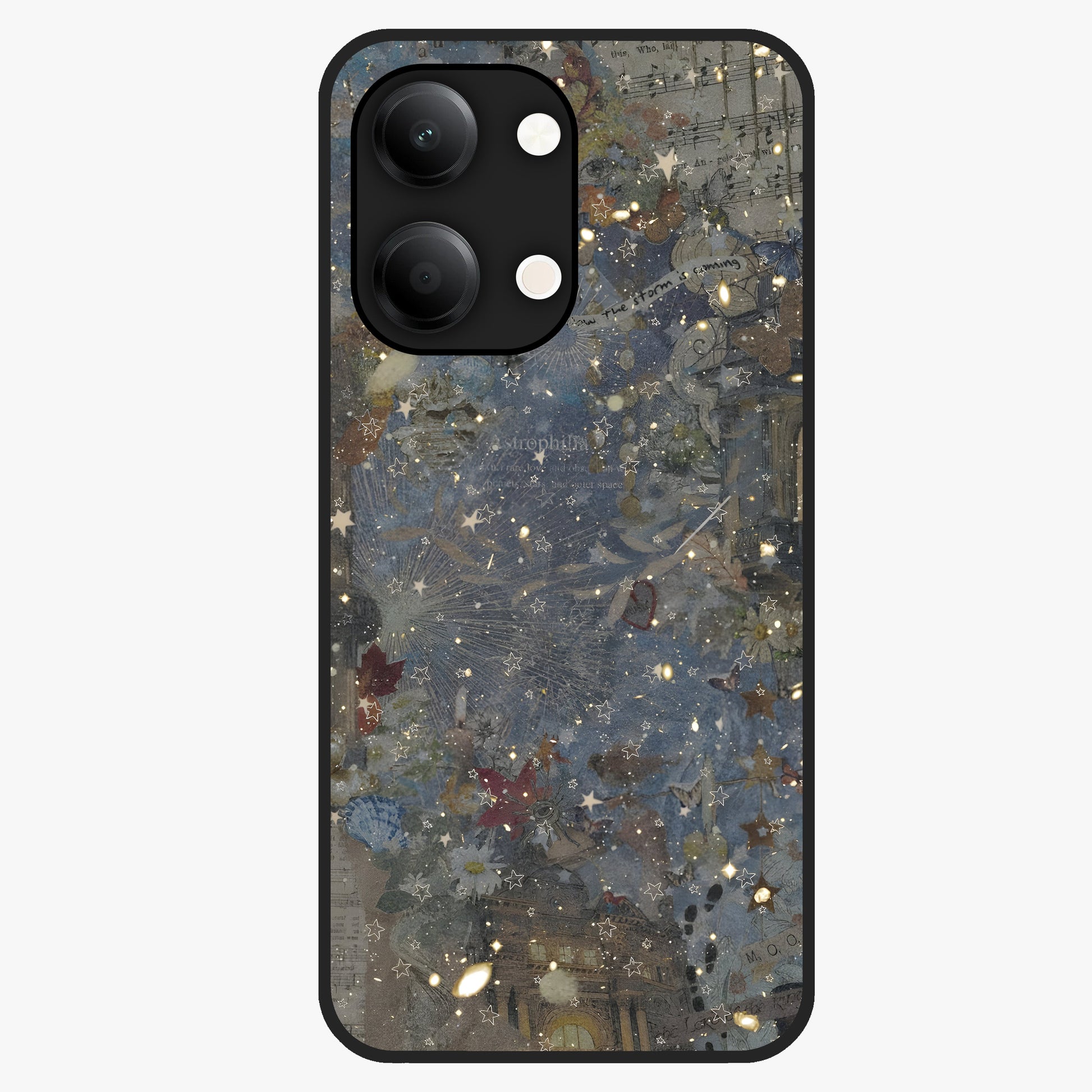 Aesthetic Astrolophia Glass Case showing flat back view with dreamy aesthetic design and glossy glass finish.