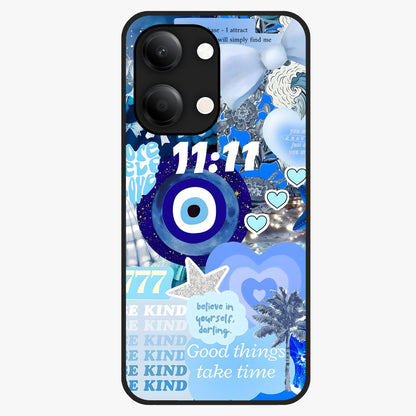Aesthetic Be Kind Eye Glass Case showing flat back view with motivational eye artwork and glossy glass finish.