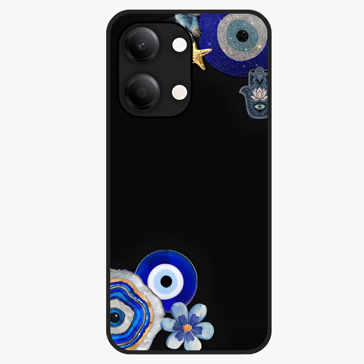 Aesthetic Blue Evil Eye Glass Case showing flat back view with protective evil eye artwork and glossy glass finish.