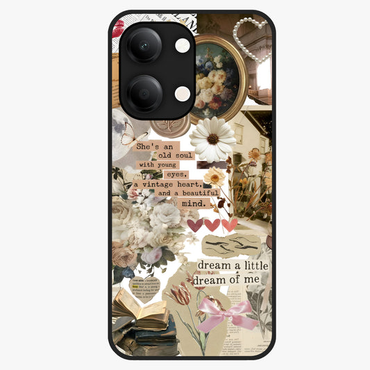 Aesthetic Brown Vintage Collage Glass Case showing flat back view with retro collage artwork and glossy glass finish.