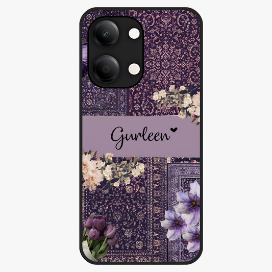 Antique Floral Whisper Custom Name Glass Case showing flat back view with vintage floral artwork and personalized name design.