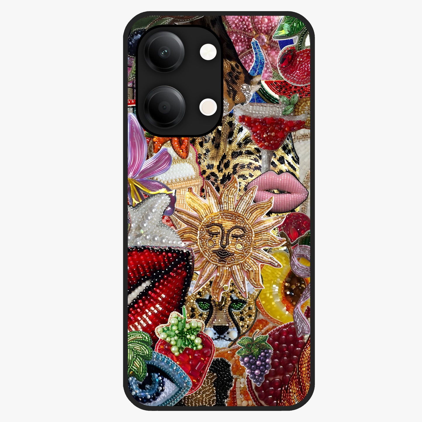 Beaded Fashion Jungle Glass Case showing flat back view with vibrant jungle inspired bead artwork and glossy glass finish.