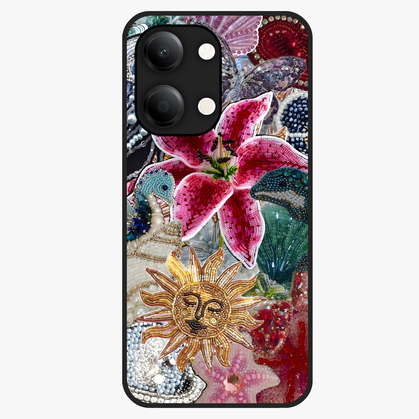 Beaded Garden Fantasy Glass Case showing flat back view with dreamy garden bead artwork and glossy glass finish.
