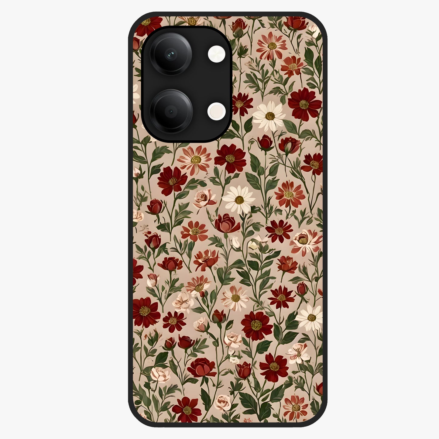 Biege Flower With Leaf Glass Case showing flat back view with soft beige floral artwork and glossy glass finish.