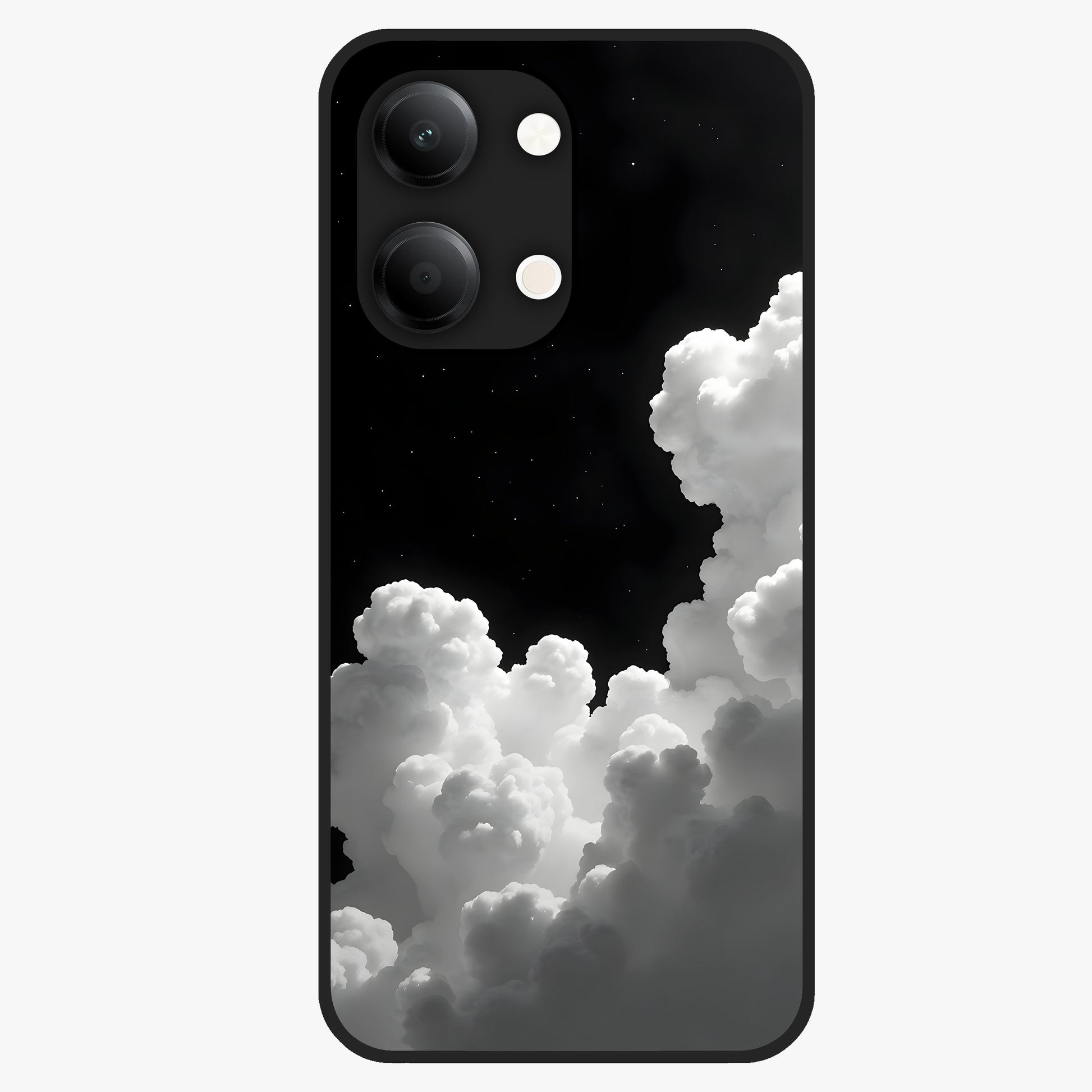 Black Background With White Cloud Glass Case showing flat back view with minimal cloud artwork on dark background and glossy glass finish.