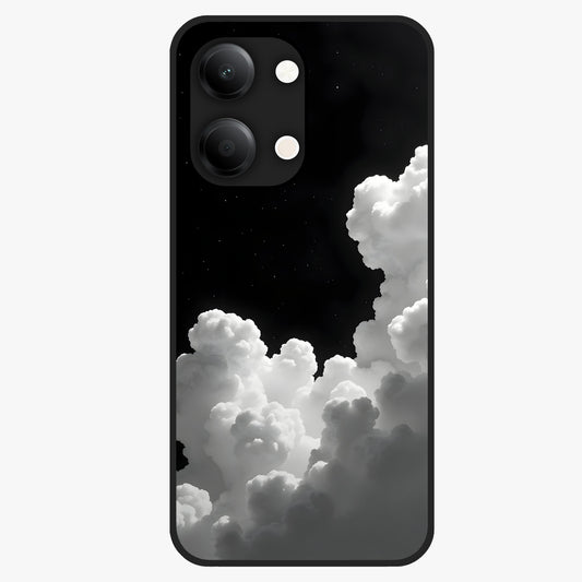 Black Background With White Cloud Glass Case showing flat back view with minimal cloud artwork on dark background and glossy glass finish.