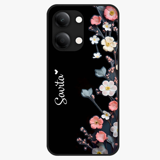 Black Elegance Floral Custom Name Glass Case showing flat back view with elegant floral artwork and personalized name design.