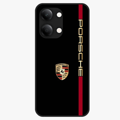 Black Minimal Porsche Glass Case showing flat back view with sleek minimal sports car artwork and glossy glass finish.