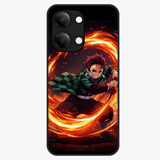 Blazing Sword Resolve Glass Case showing flat back view with fiery sword artwork and glossy glass finish.