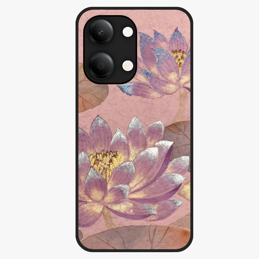 Blossom Mist Lotus Glass Case showing flat back view with serene lotus blossom artwork and glossy glass finish.
