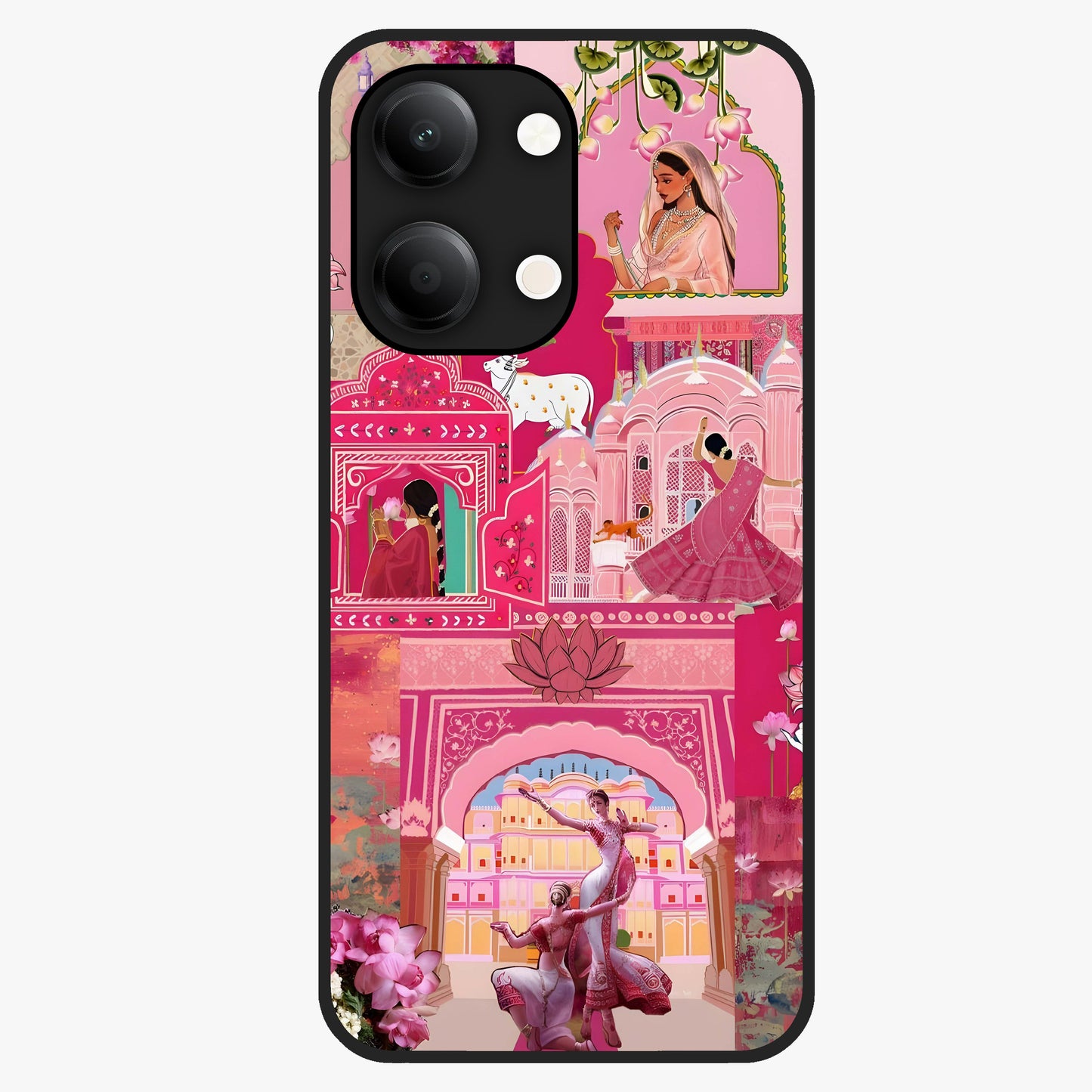 Blossoms of Rajasthan Glass Case showing flat back view with traditional floral artwork inspired by Rajasthan and glossy glass finish.