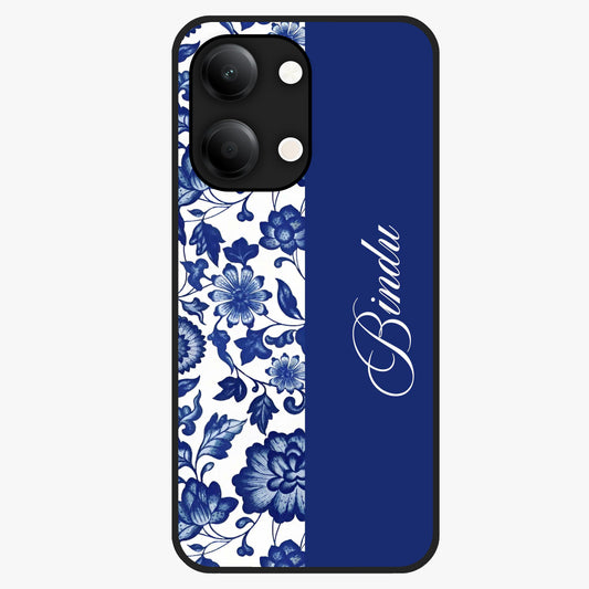 Blue Vintage Floral Pattern Glass Case upright view showcasing timeless floral illustration with vintage inspired style.