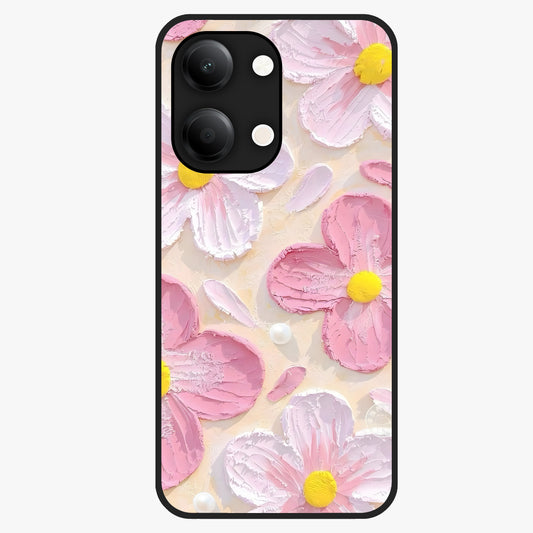 Blush Bloom Texture Glass Case showing flat back view with soft blush floral texture artwork and glossy glass finish.