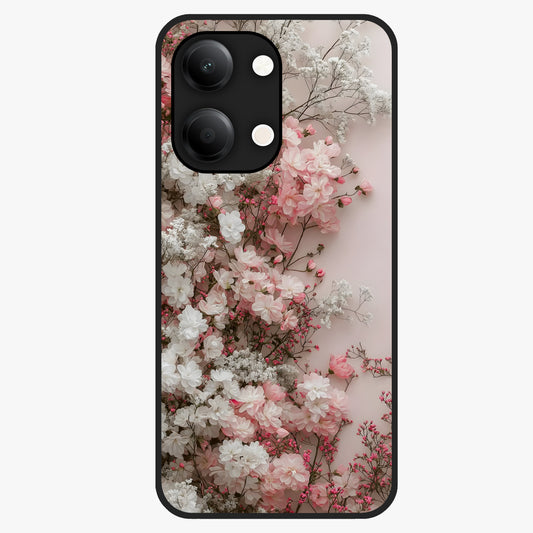 Blush Blossom Cloud Glass Case showing flat back view with dreamy blush cloud blossom artwork and glossy glass finish.