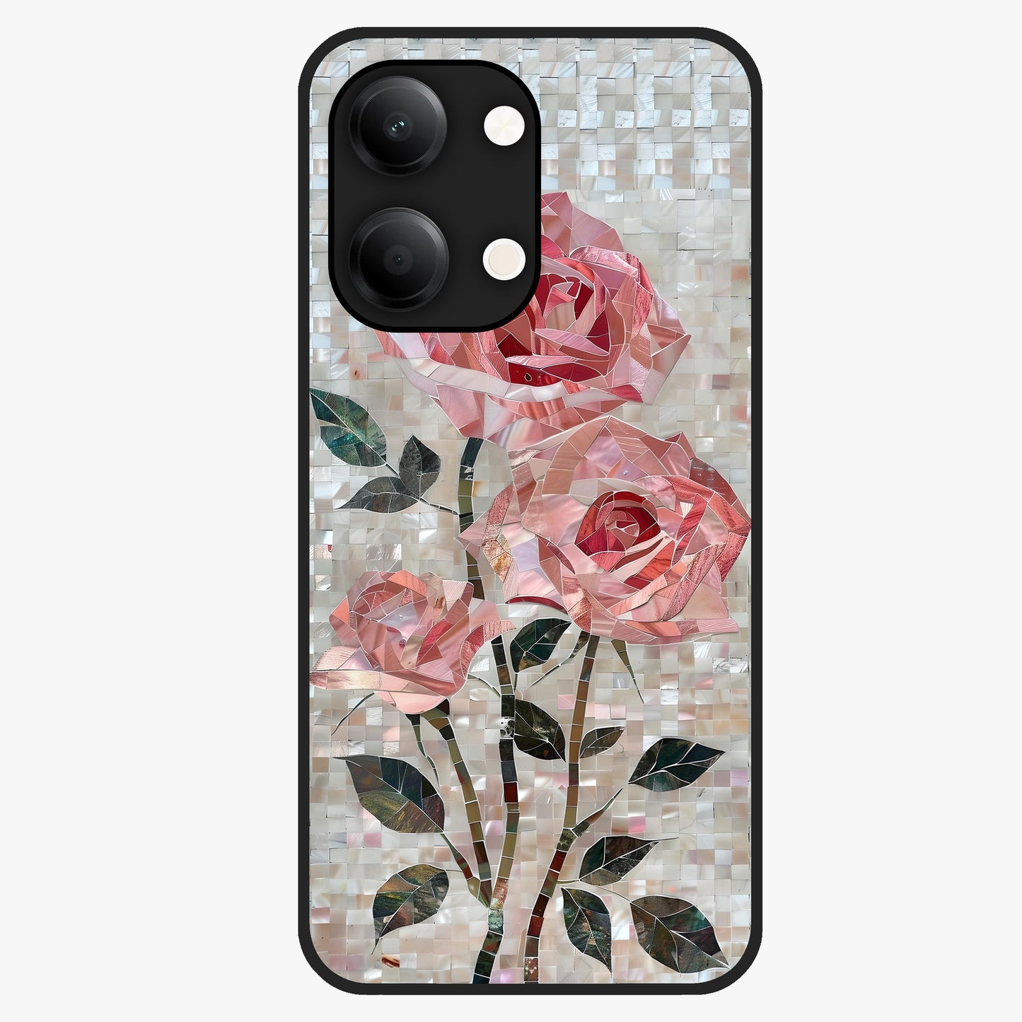 Blush Mosaic Bloom Glass Case showing flat back view with mosaic floral bloom artwork and glossy glass finish.