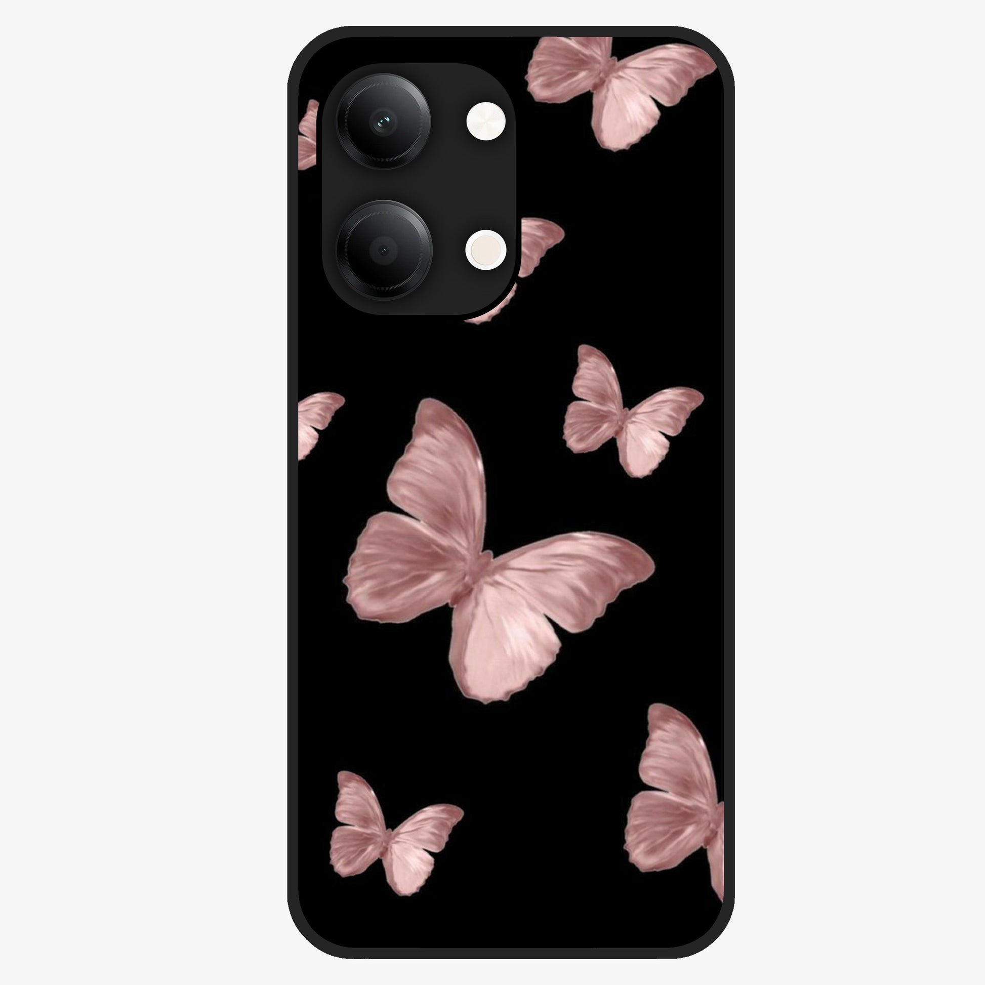 Butterfly Pattern Glass Case showing flat back view with elegant butterfly pattern artwork and glossy glass finish.