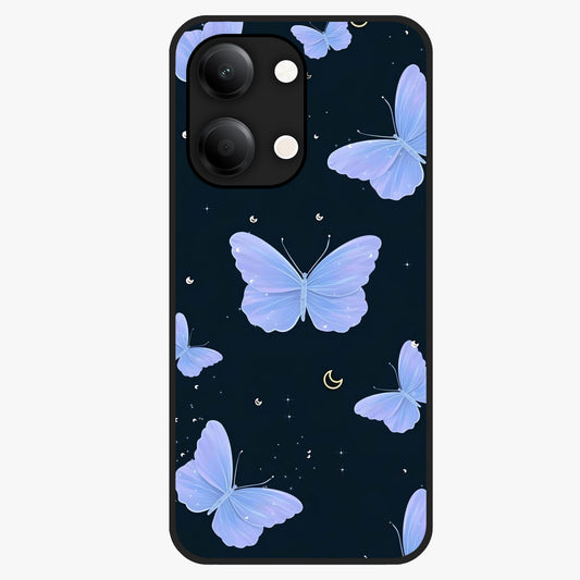 Butterfly With Stars Pattern Glass Case showing flat back view with butterfly and star pattern artwork and glossy glass finish.