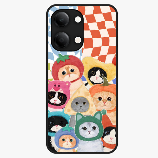 Cats in Fruits Glass Case showing flat back view with playful cat illustrations inside fruit artwork and glossy glass finish.