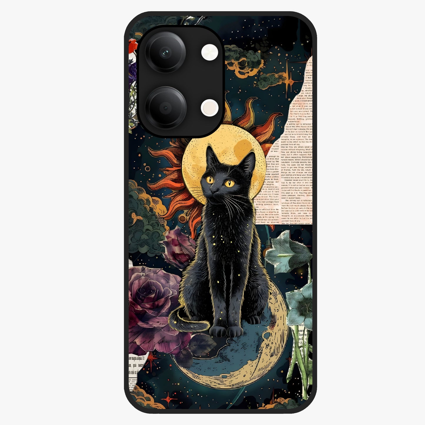 Celestial Black Cat Glass Case showing flat back view with mystical black cat artwork and glossy glass finish.
