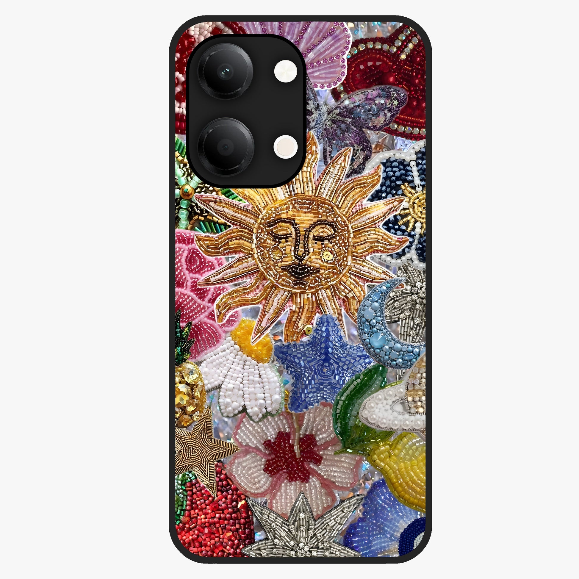Celestial Floral and Playful Glass Case showing flat back view with floral and celestial themed artwork and glossy glass finish.