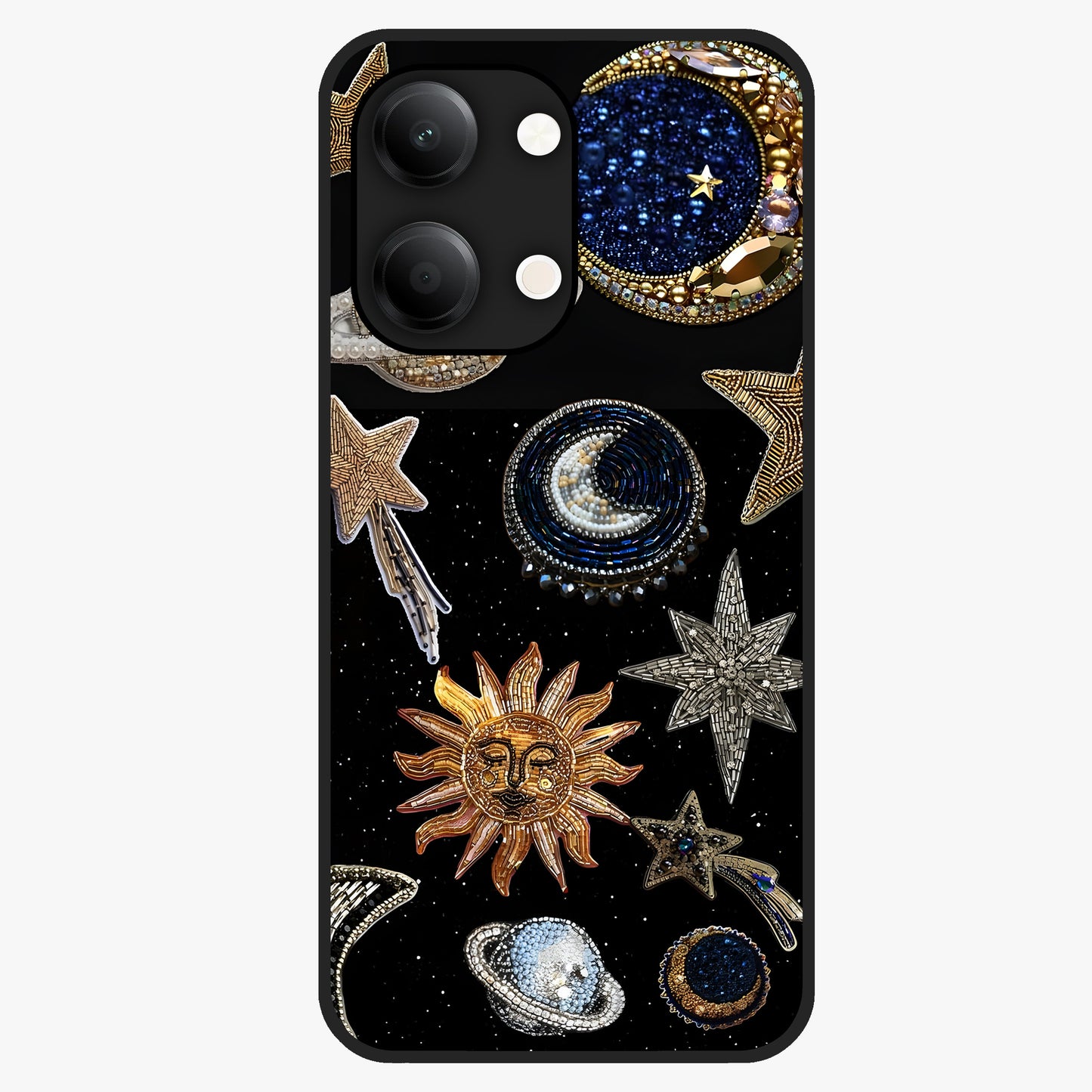 Celestial Gem Constellations Glass Case showing flat back view with sparkling constellation artwork and glossy glass finish.