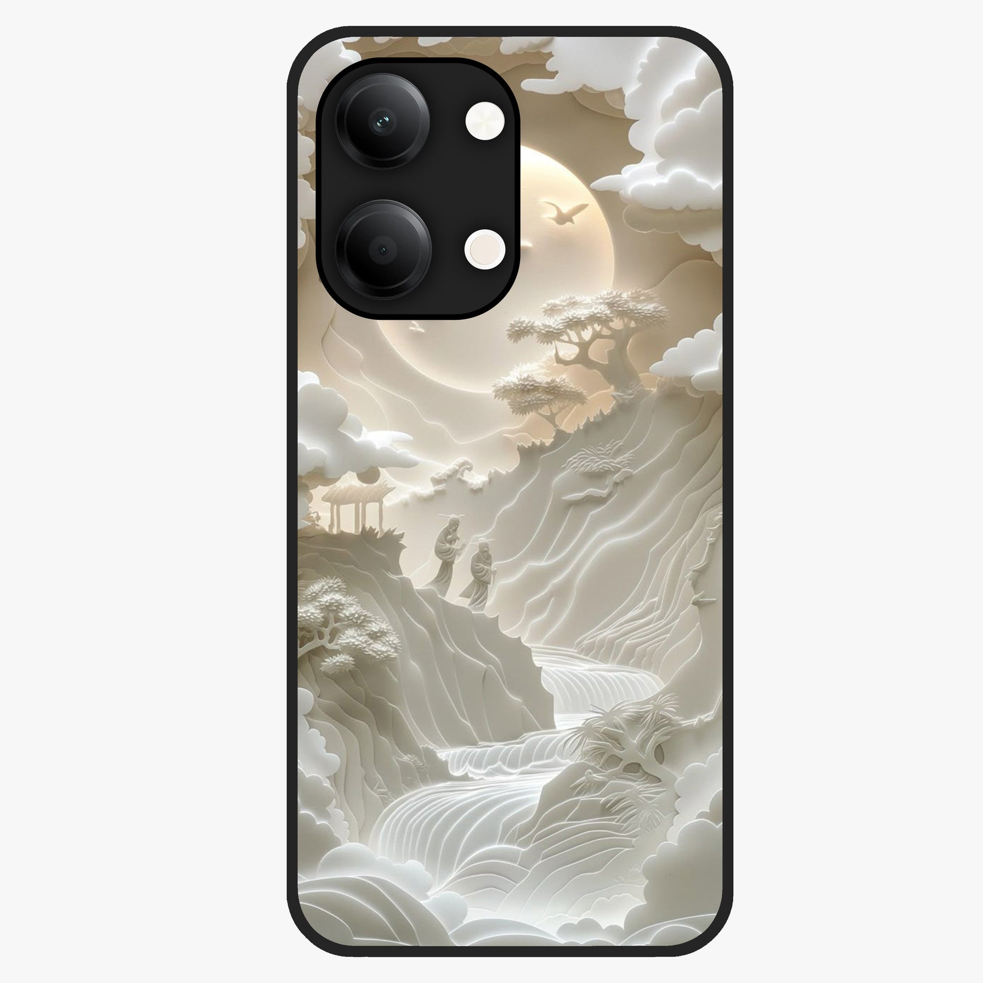 Celestial Origami Glass Case showing flat back view with artistic origami inspired celestial artwork and glossy glass finish.