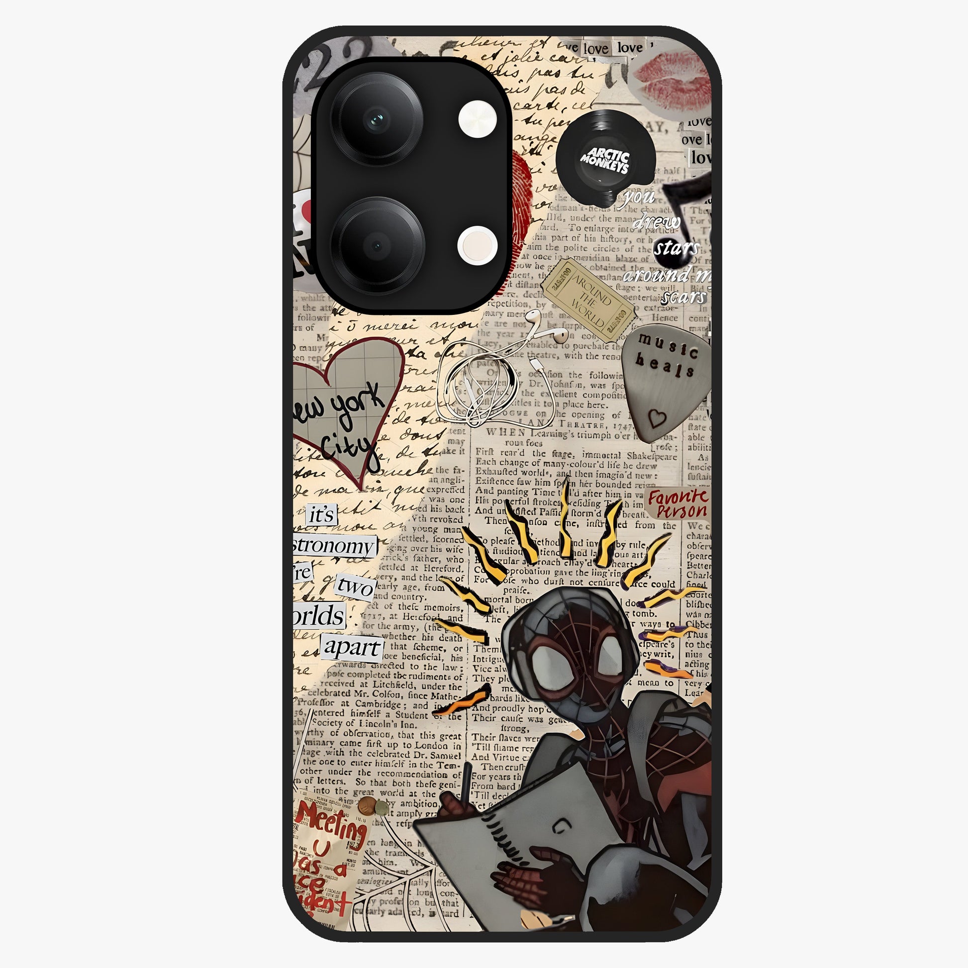 City Dream Sketch Glass Case showing flat back view with artistic city skyline sketch artwork and glossy glass finish.