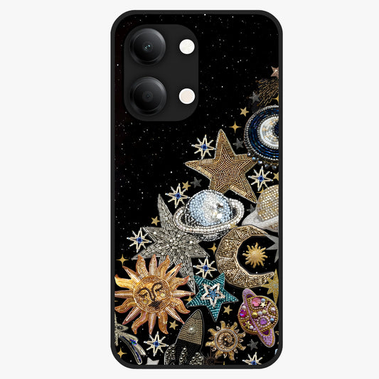 Cosmic Sparkle Dreams Glass Case showing flat back view with sparkling cosmic artwork and glossy glass finish.