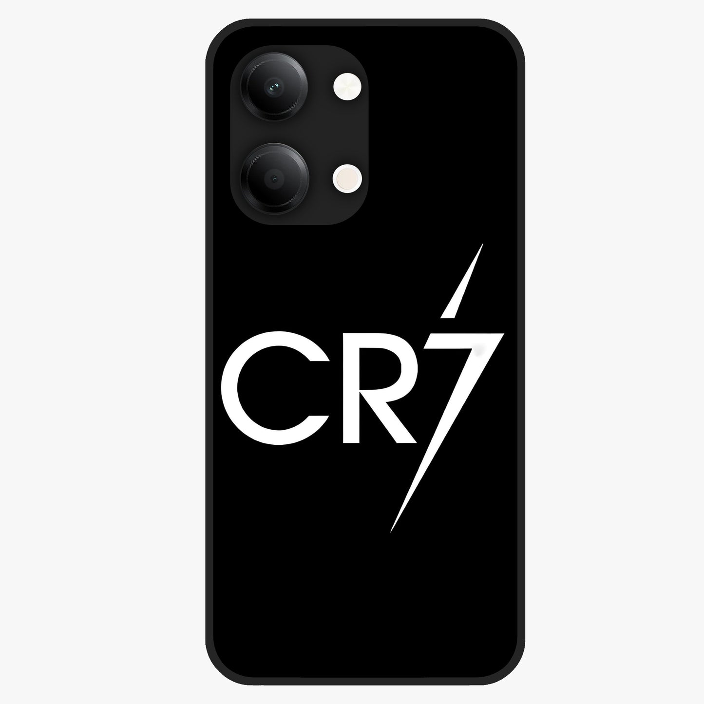 Cr7 Elite Strike Glass Case showing flat back view with dynamic football inspired artwork and glossy glass finish.