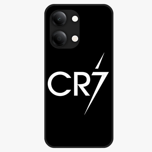 Cr7 Elite Strike Glass Case showing flat back view with dynamic football inspired artwork and glossy glass finish.
