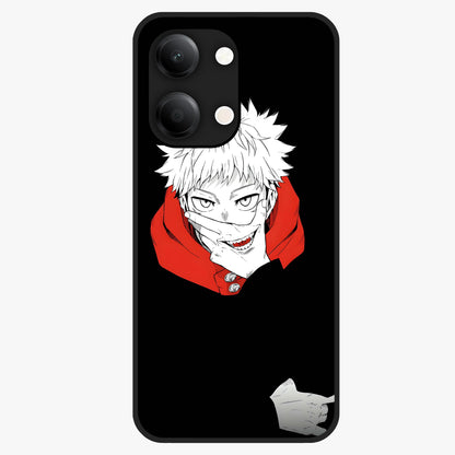 Crimson Chaos Smile Glass Case showing flat back view with bold chaotic smile artwork and glossy glass finish.