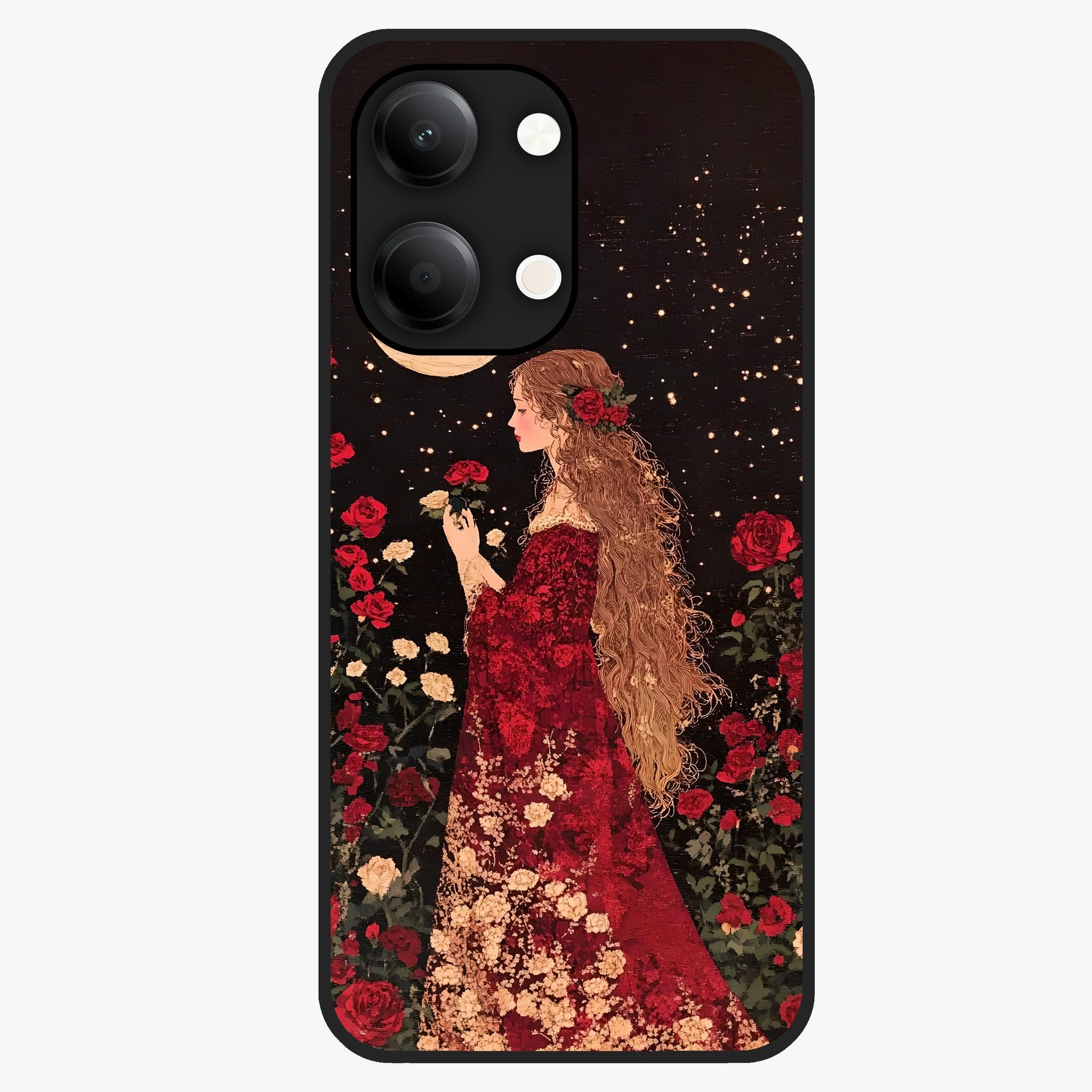 Crimson Dreams Glass Case showing flat back view with dreamy crimson artwork and glossy glass finish.