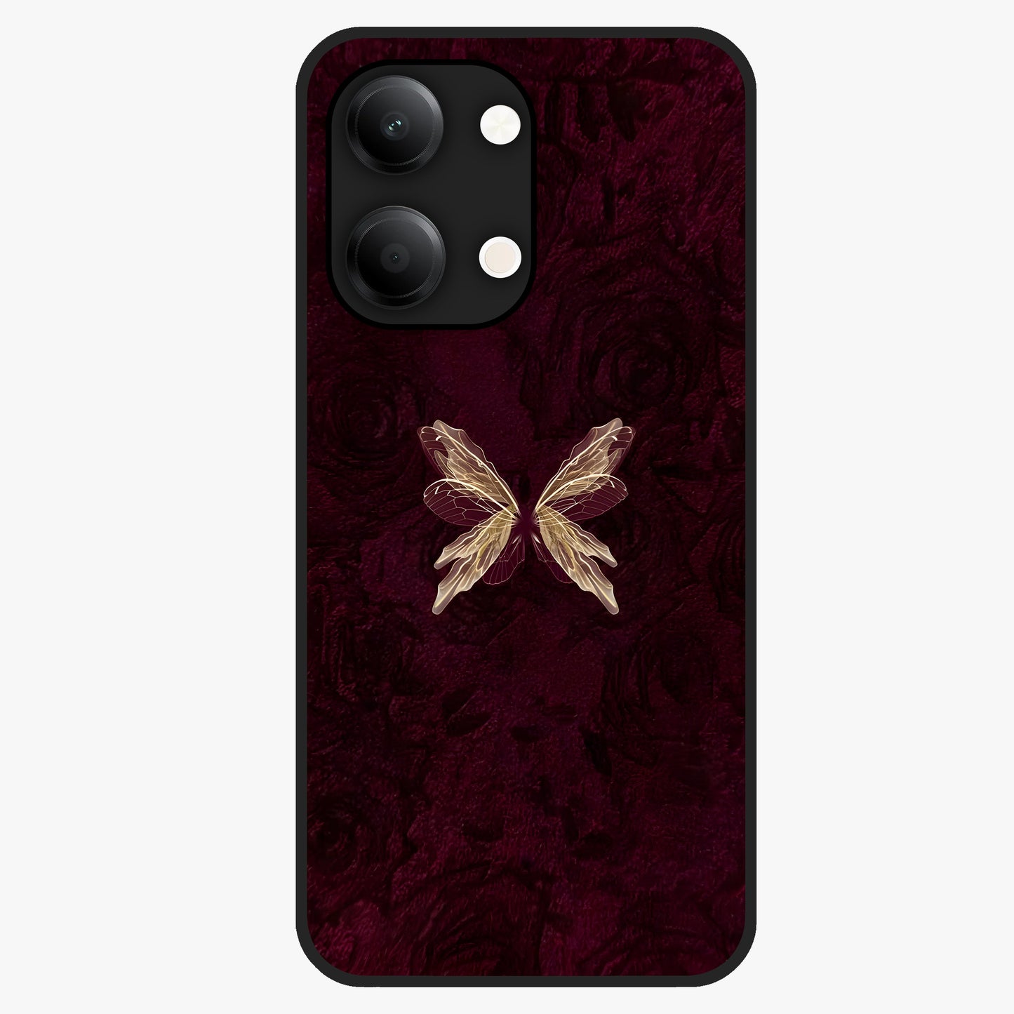 Crimson Fade Butterfly Glass Case showing flat back view with fading butterfly artwork and glossy glass finish.